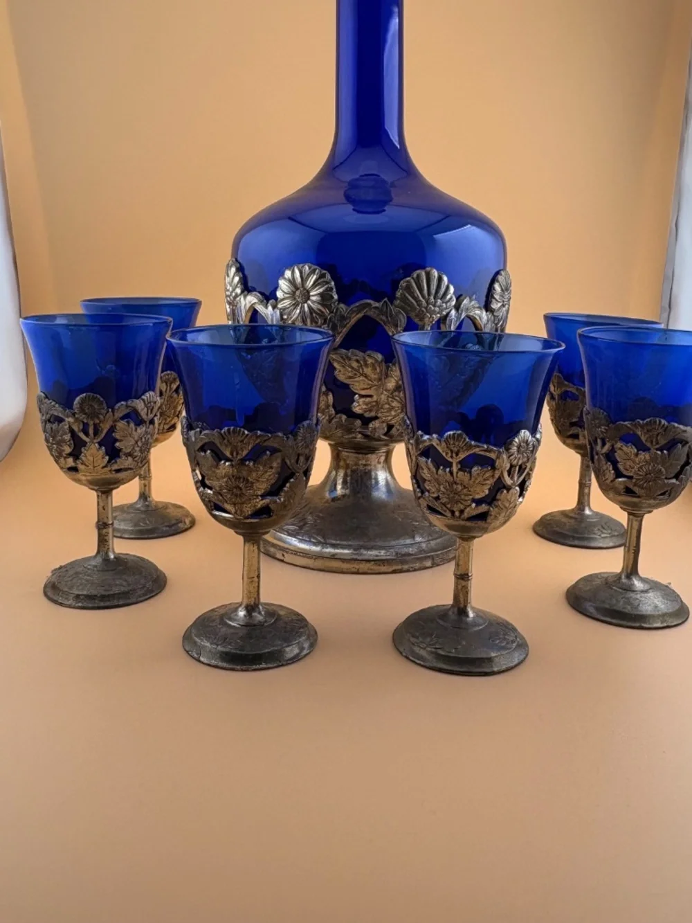 Vintage Cobalt Blue Glass Decanter & 6 Cordial Glasses Set Silver Plate Filagree